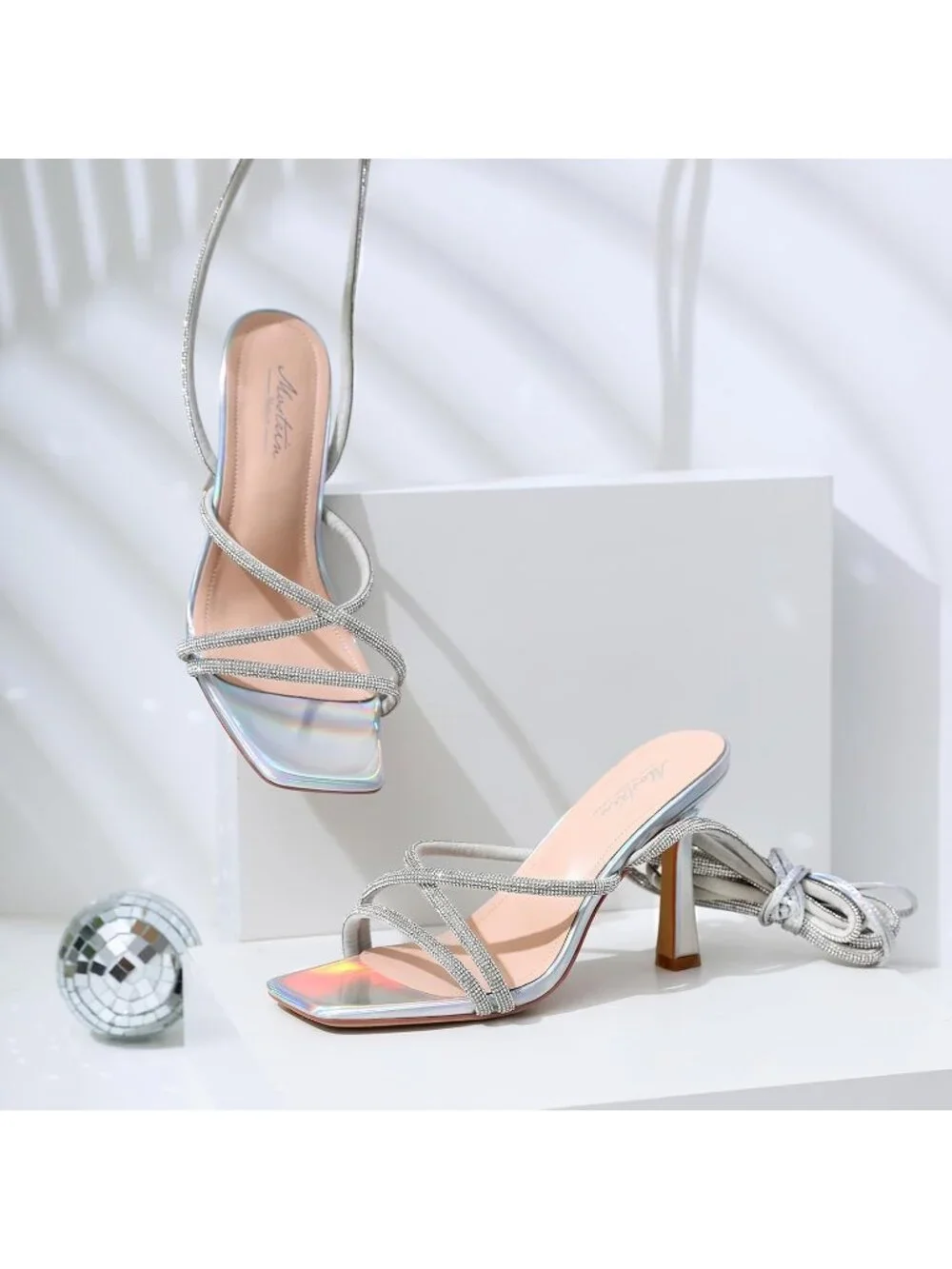 〽️Womens Silver Strappy Lace Up Square Toe High Heels Party Heel Prom Sandal